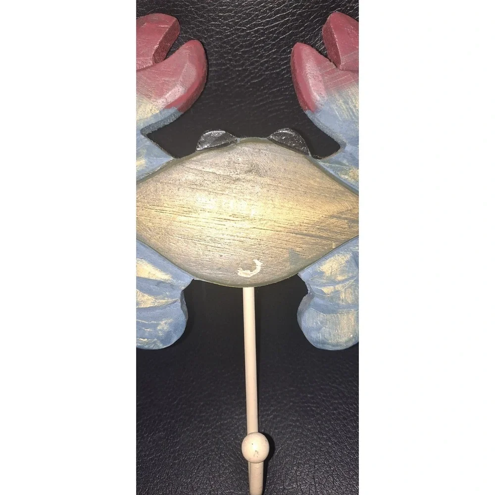 Red Steamed Crab & Blue Wooden Crab Wall Hooks Set of 2